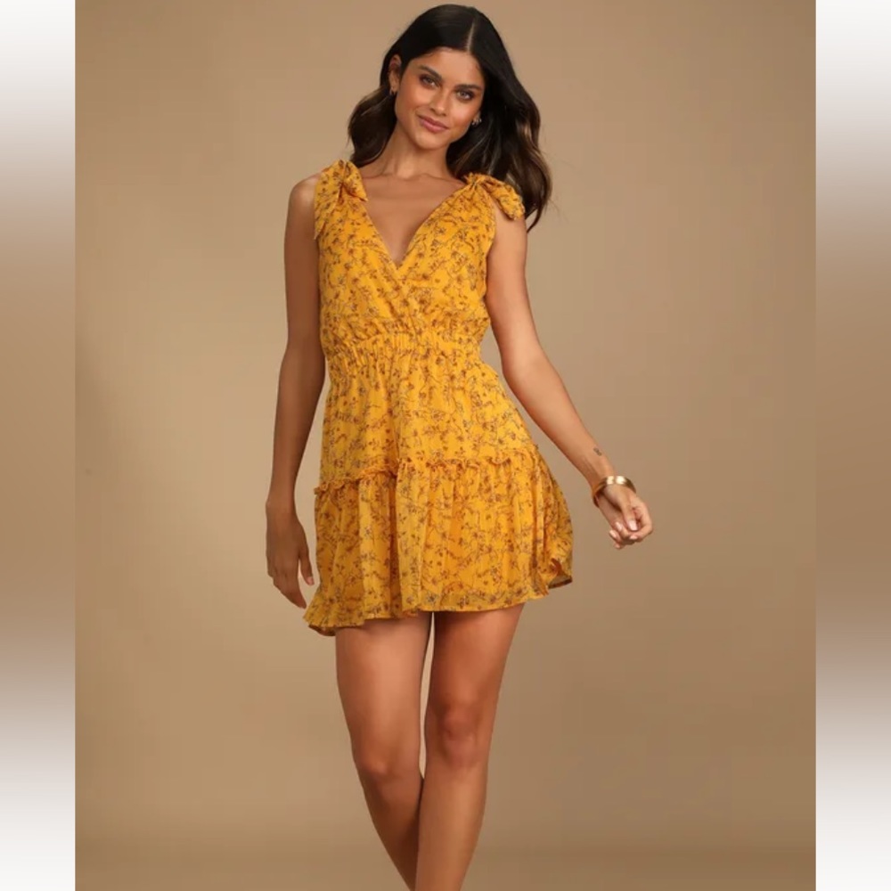 Lulu’s Mustard Yellow Floral Print Tie-Strap Skater Dress